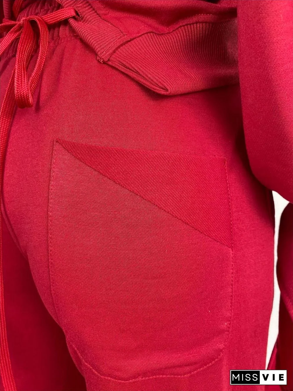 Solid Long Sleeve Lace Up Top+Wide Leg Pants Set