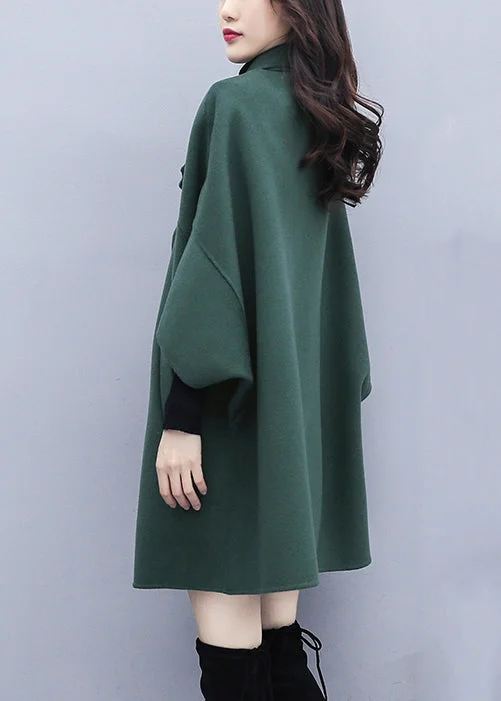 Women Green Button Pockets Patchwork Woolen Coat Fall