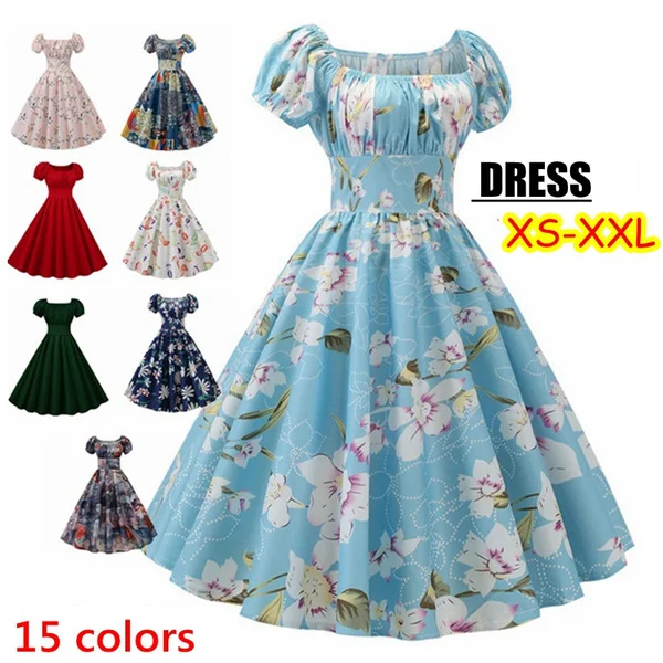 Plus Size Party Dress Rockabilly Vintage Dress Women's Fashion Summer Casual Short Sleeve Ladies Retro Dress Elegant Floral Swing Dress Vestido De Mujer