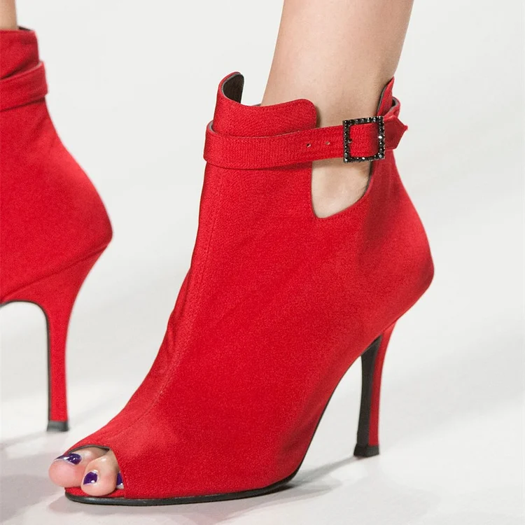 Red Suede Boots Peep Toe Stiletto Heel Ankle Boots |FSJ Shoes