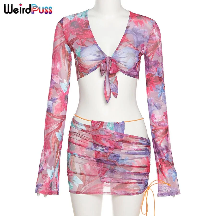 Weird Puss Sexy Mesh Colorful Women 3 Piece Set Lace Up Top+Thong+Skirts Matching Summer Vacation Outfits Party Wedding Clubwear