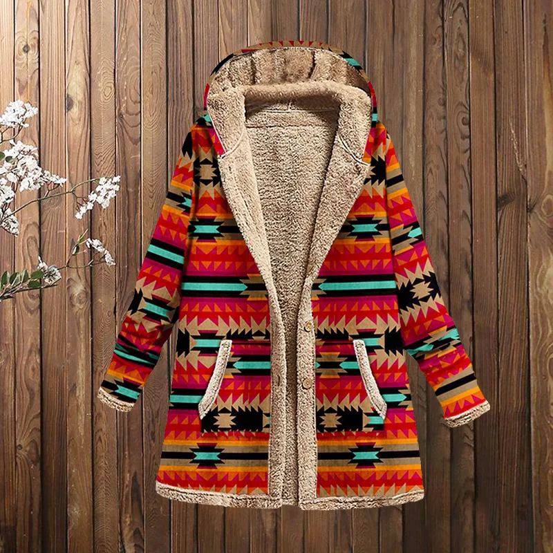 Long Sleeve Western Print Hooded Coat