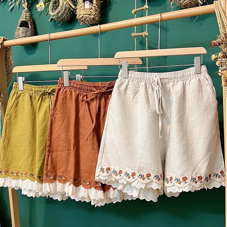 Queenfunky cottagecore style Linen Embroidered Loose Shorts QueenFunky