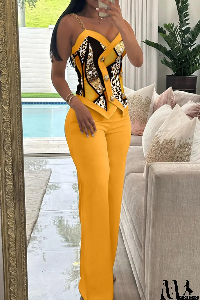 MidiSono - British Style Vintage Geometric Print Buttons Contrast V Neck Sleeveless Two Pieces