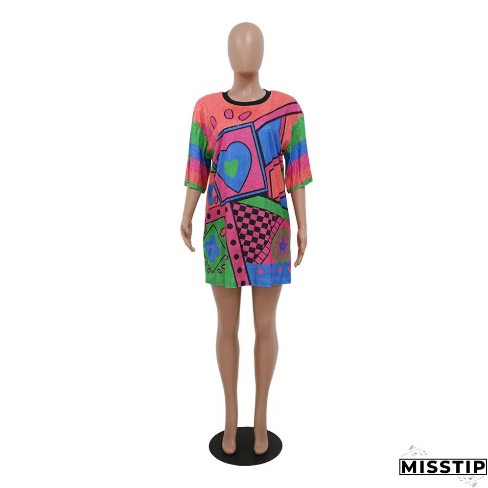 Trendy Round Neck Half Sleeve Loose Sequin Print Party Sequined Nightclub Style Women's Dress