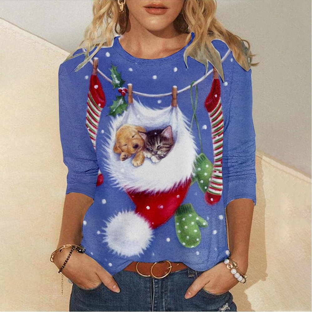Crew Neck Christmas Cat Print Long Sleeve T-Shirt
