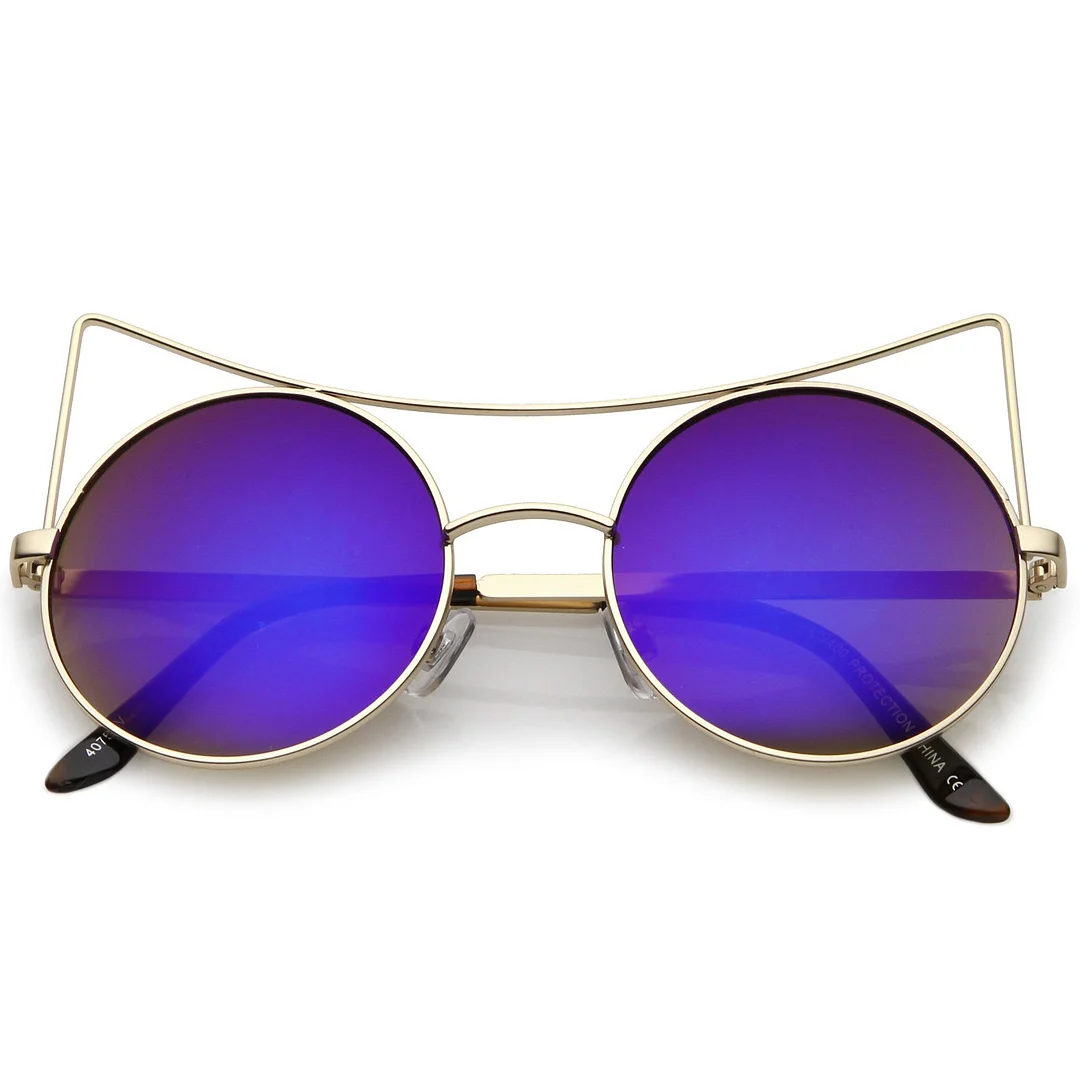 Women's Oversize Open Metal Cat Eye glasses With Colored Mirror Flat Lens 54mm