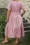 Women's Pink Elegant Plus Size Short Sleeve Smocked High Waist Flowy Midi Dress