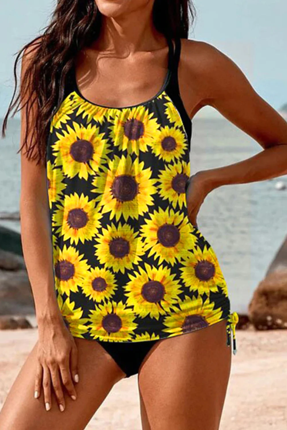 Yellow Women's Tankinis Sunflower Halter Strappy Drawstring Side Tankinis LC413170-7