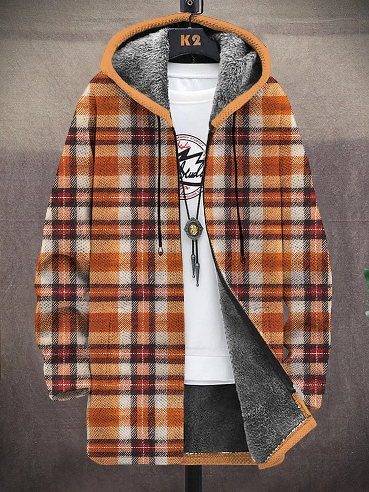 Men's All Over Plaid Print Hooded Trench Coat
