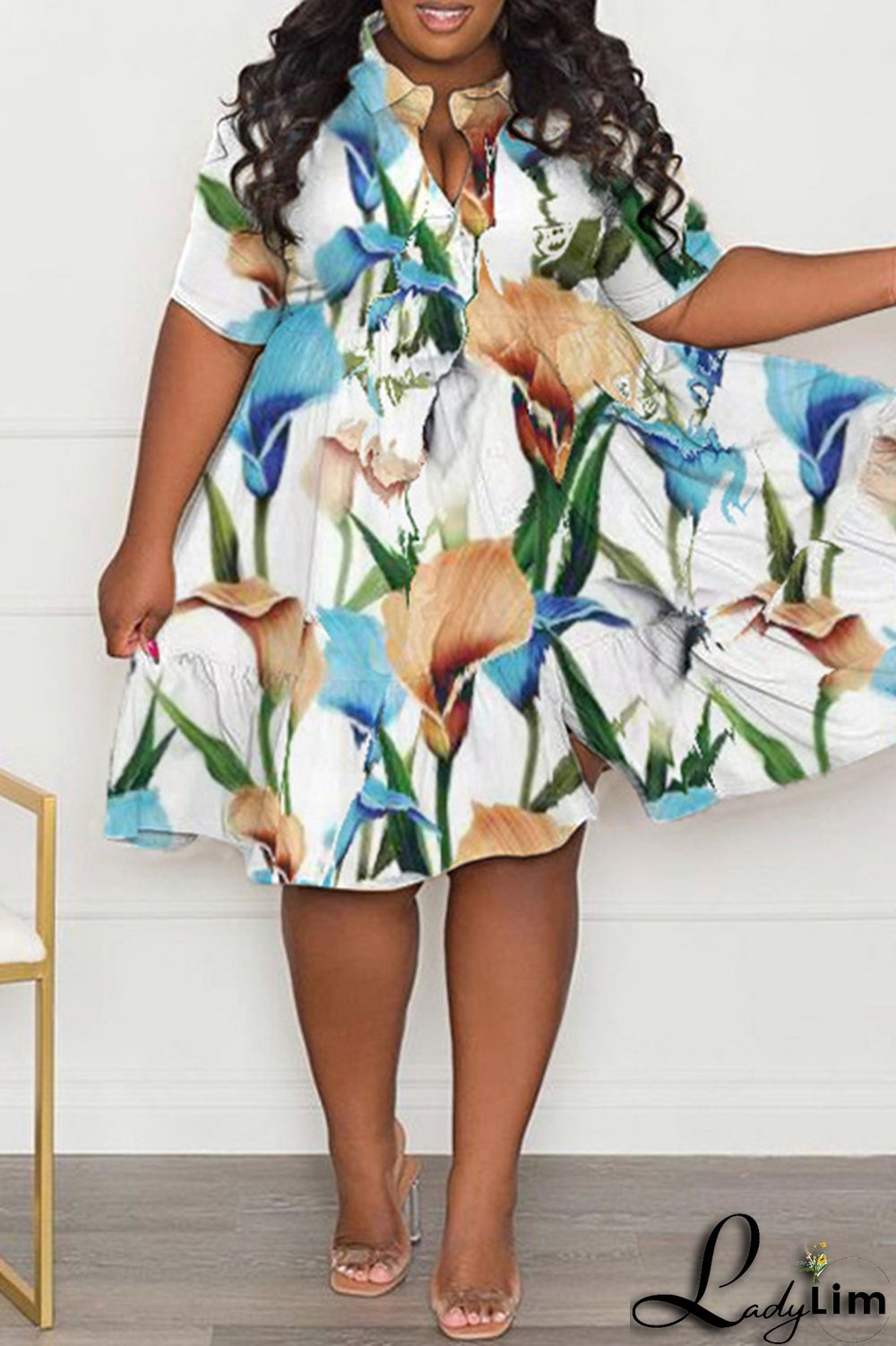 Purple Casual Print Patchwork Fold Turndown Collar A Line Plus Size Dresses