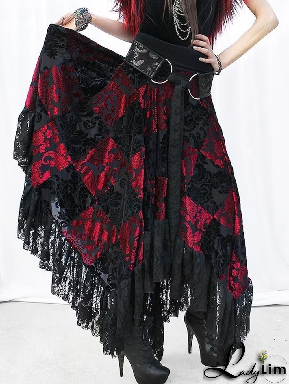 Fashion Colorblock Lace Buckle Belt Asymmetric Hem Velvet Midi Skirt