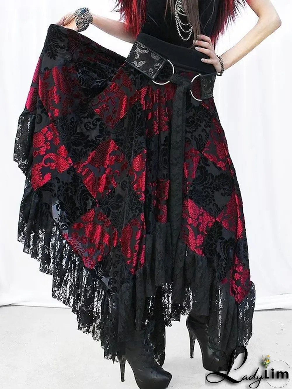 Fashion Colorblock Lace Buckle Belt Asymmetric Hem Velvet Midi Skirt
