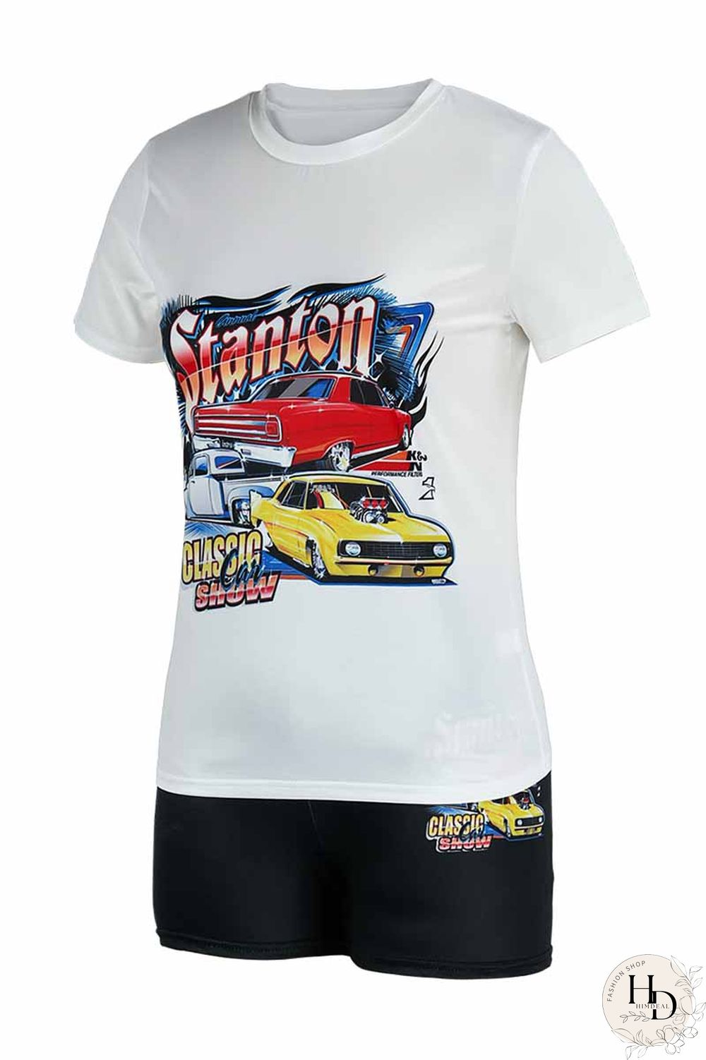 Colour Fashion Casual Print Basic O Neck Short Sleeve Two Pieces