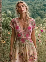 Boho Ethnic Floral Embroidery Women's Linen V-neck Short Sleeve Maxi Dress