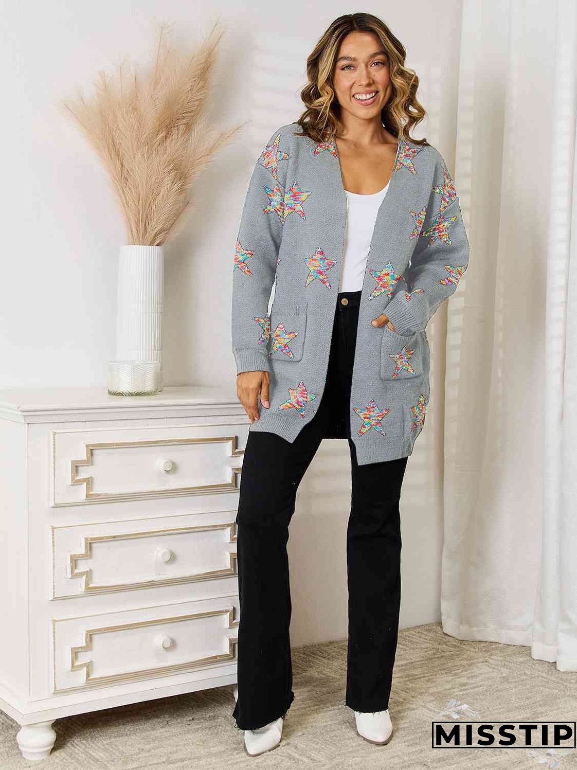 Star Pattern Open Front Cardigan with Pockets