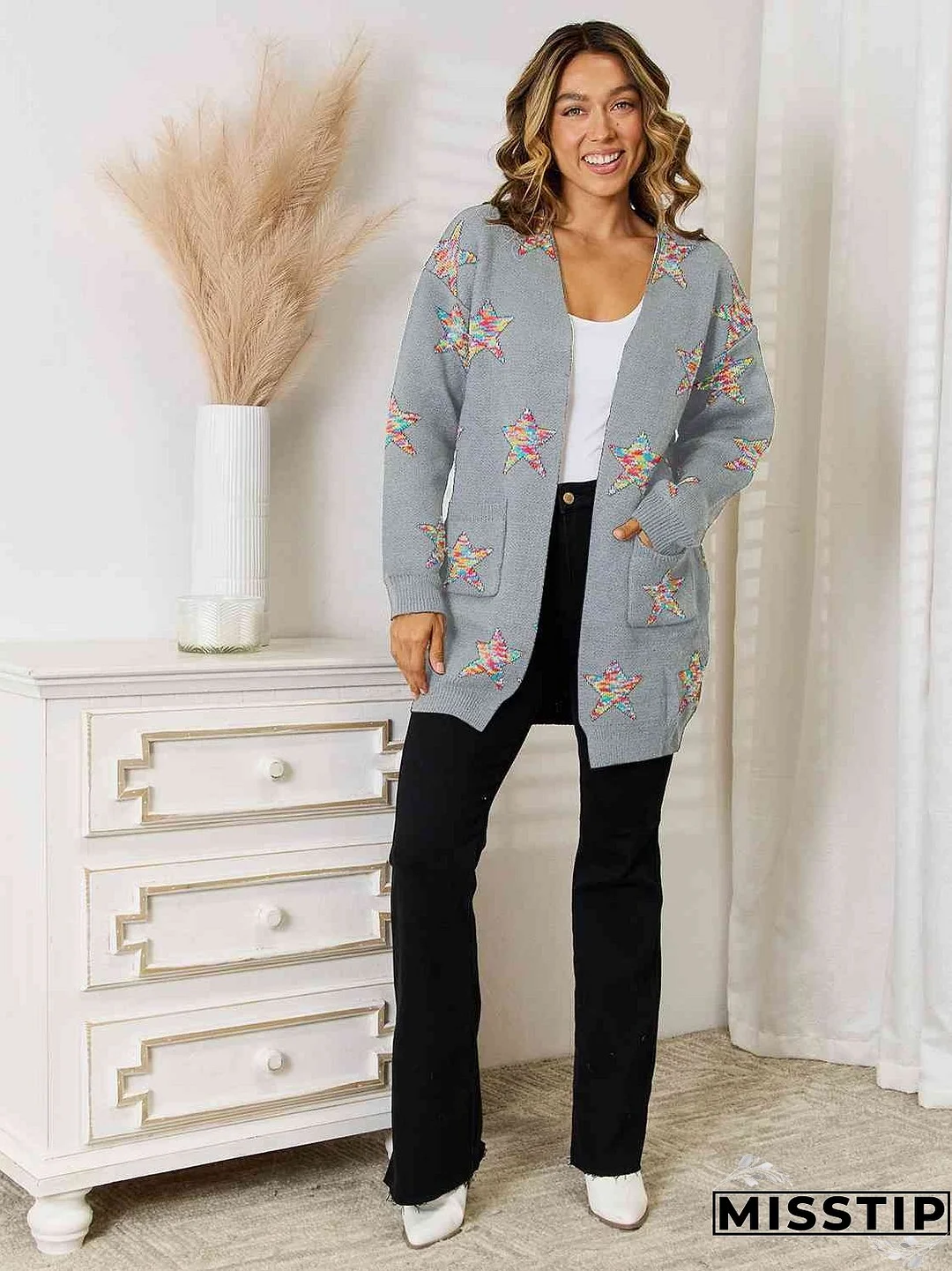Star Pattern Open Front Cardigan with Pockets