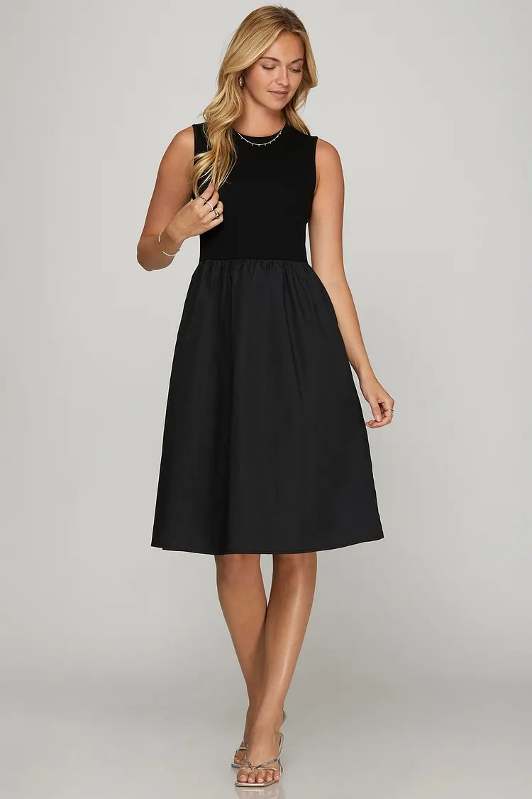 She + Sky Full Size Sleeveless Poplin Woven Midi Dress with Pockets Plus Size