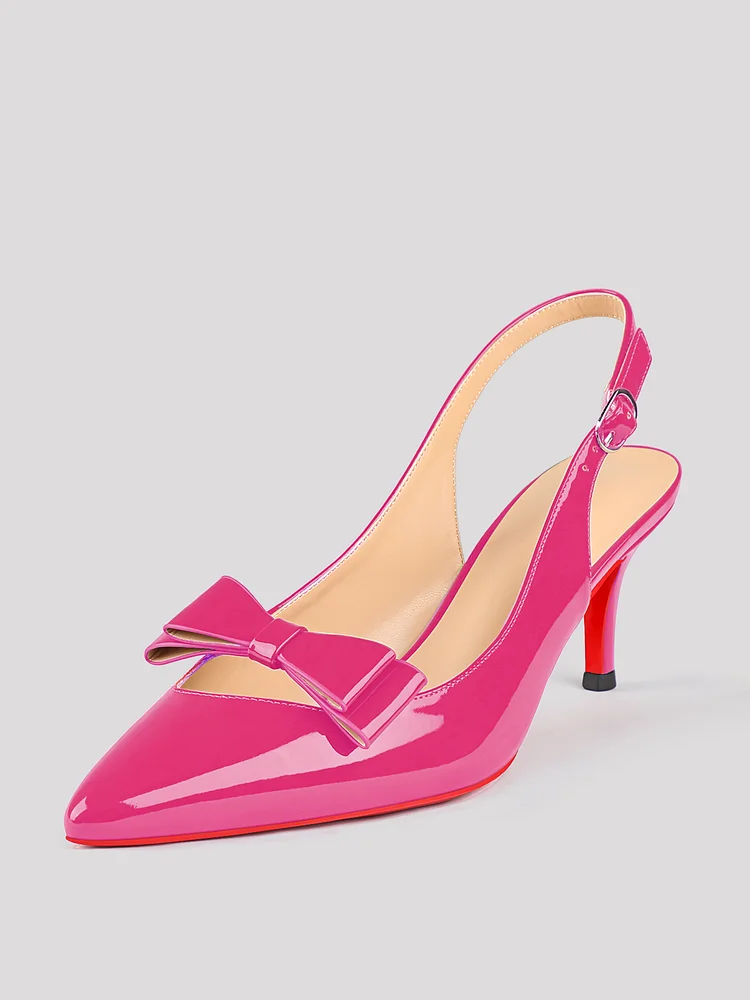 65mm Women's Pointed Toe Kitten Heel Bow-Knot Slingback Pumps Red Bottom Patent Shoes