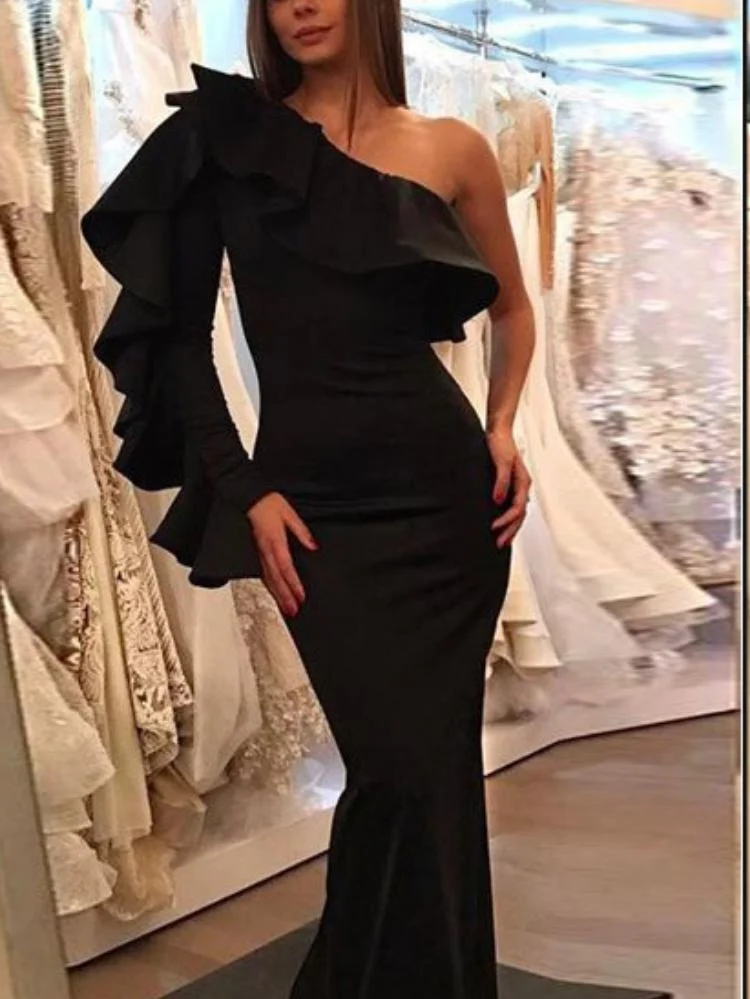 One shoulder ruffled sleeves fitted maxi evening dress-zachics