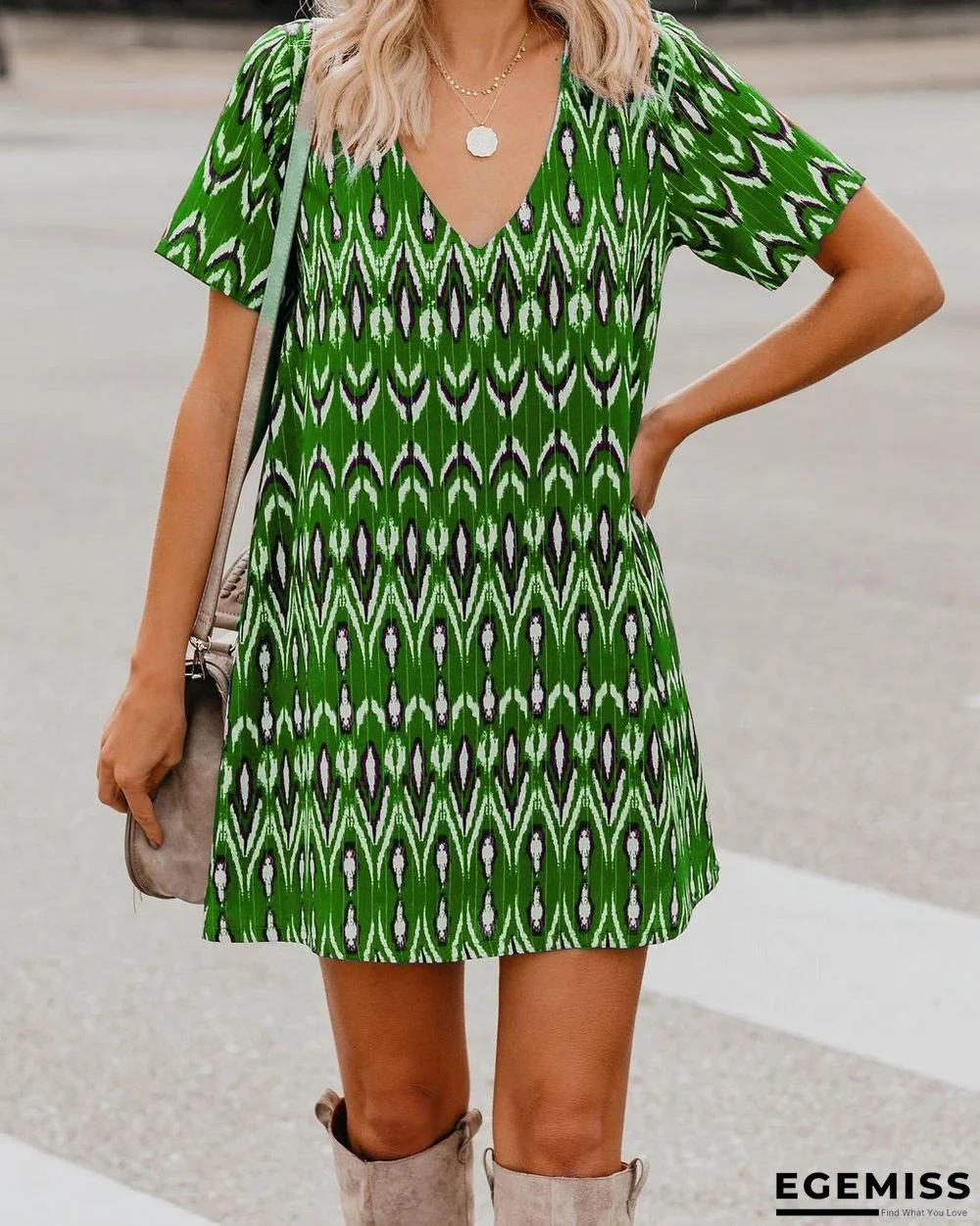 Spring/Summer Loose Short SleeveS V-Neck Print Dress Women'S Wear | EGEMISS