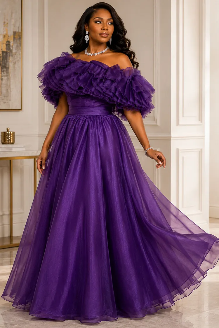 Xpluswear Design Plus Size Formal Purple Off The Shoulder Ruffle Tiered Tulle Maxi Dresses [Pre-Order] 2024 - Xpluswear