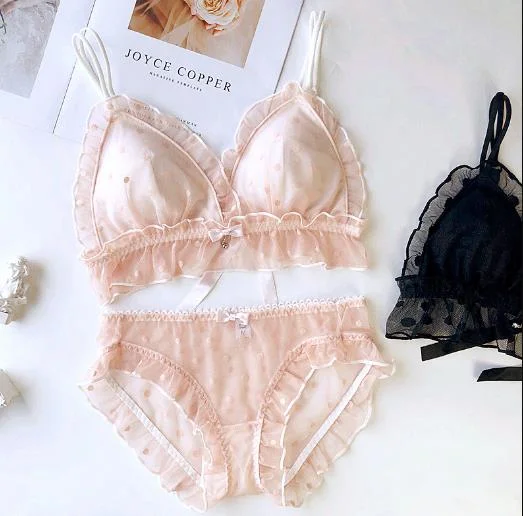 Wriufred Polka Dot Mesh Sexy Ruffle Underwear Women Large Size Bra Set Triangle Cup Lingerie Wire Free Personality Bra&Brief