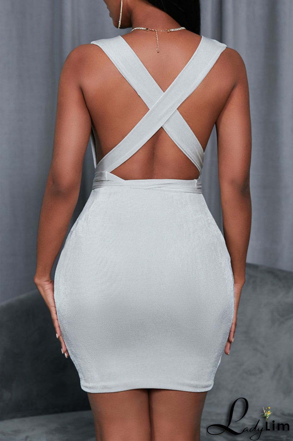 White Fashion Casual Solid Backless V Neck Sleeveless Dress