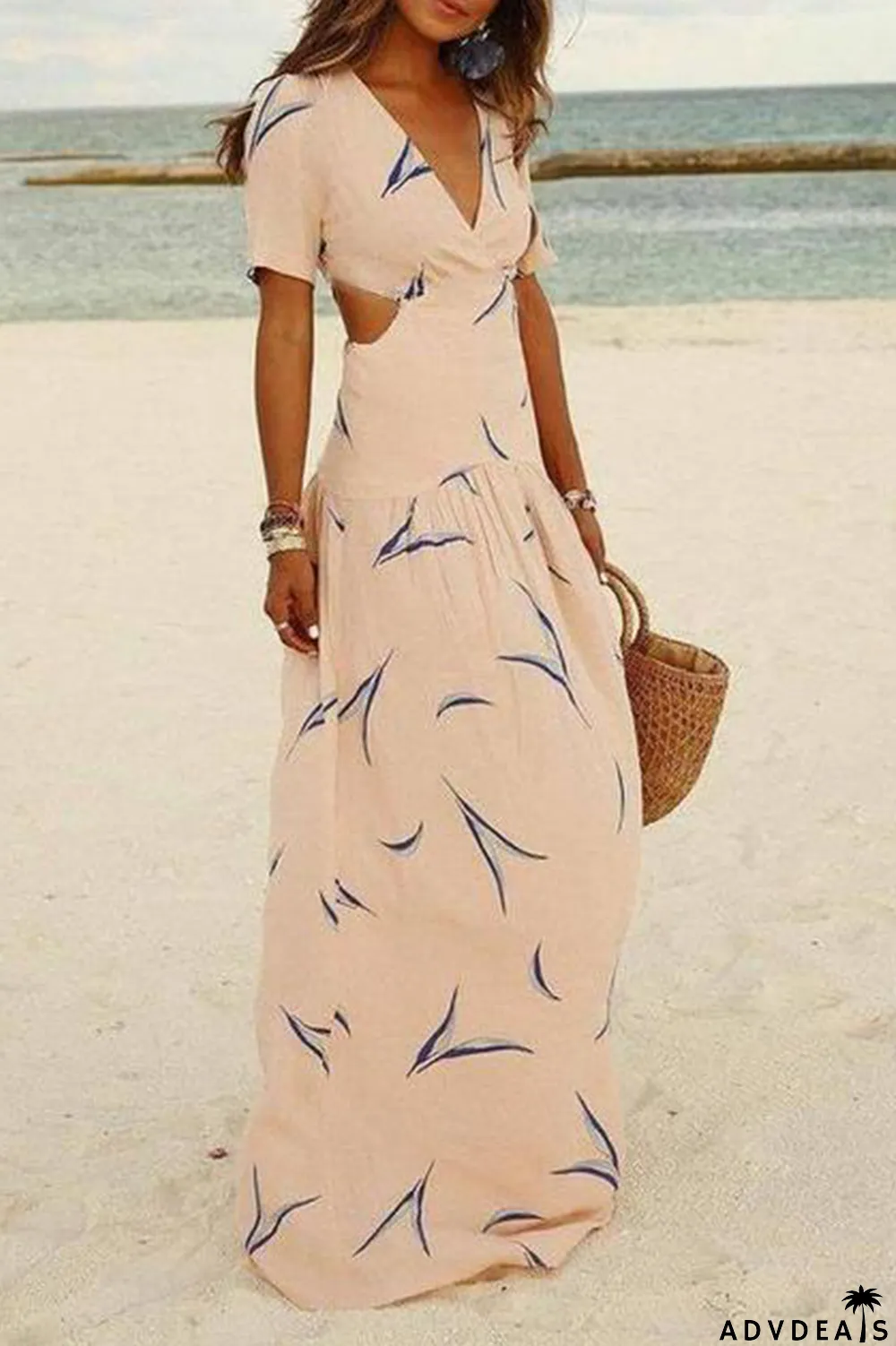 Vacation Print Hollowed Out V Neck A Line Maxi Dresses
