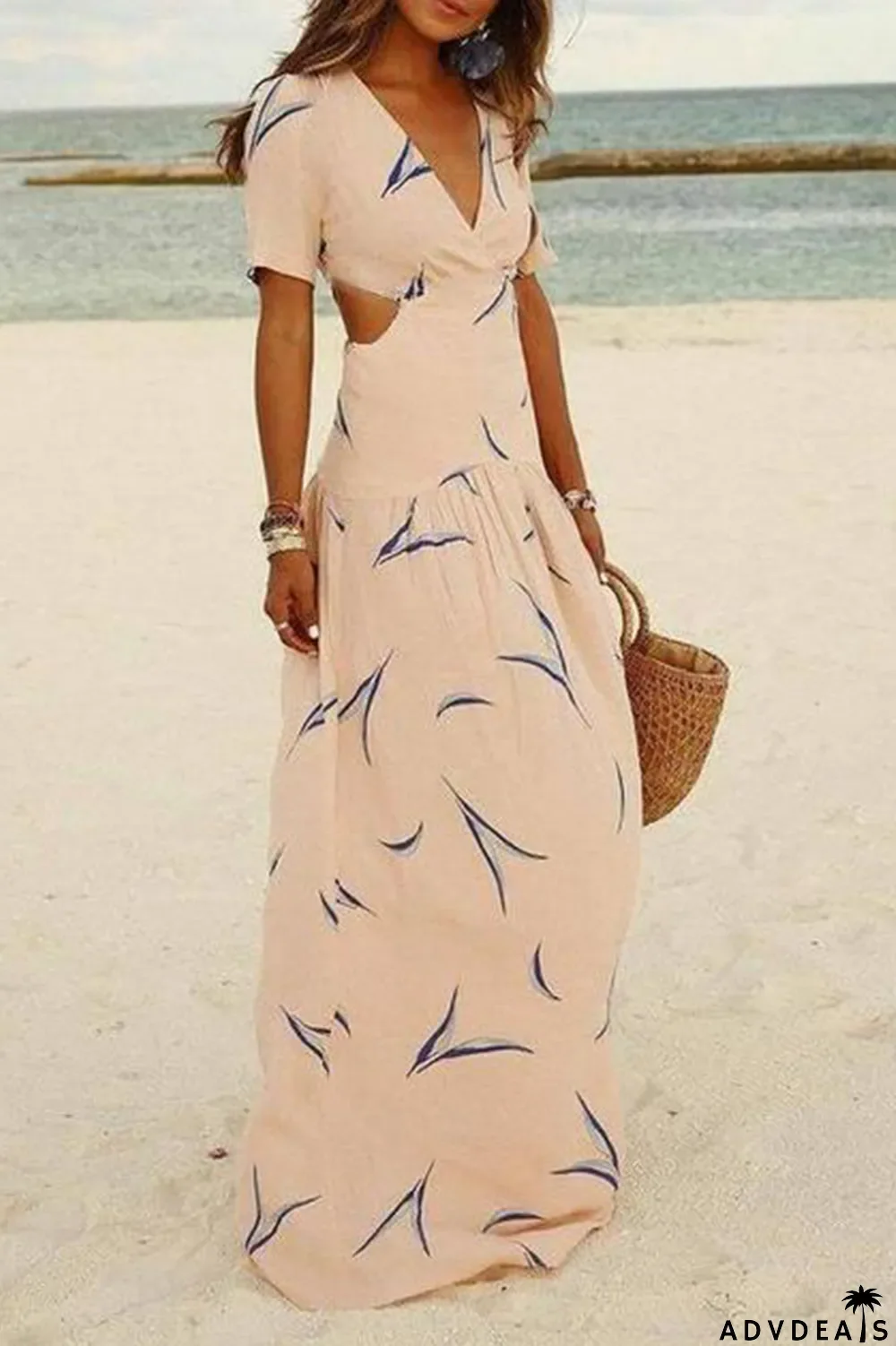 Vacation Print Hollowed Out V Neck A Line Maxi Dresses