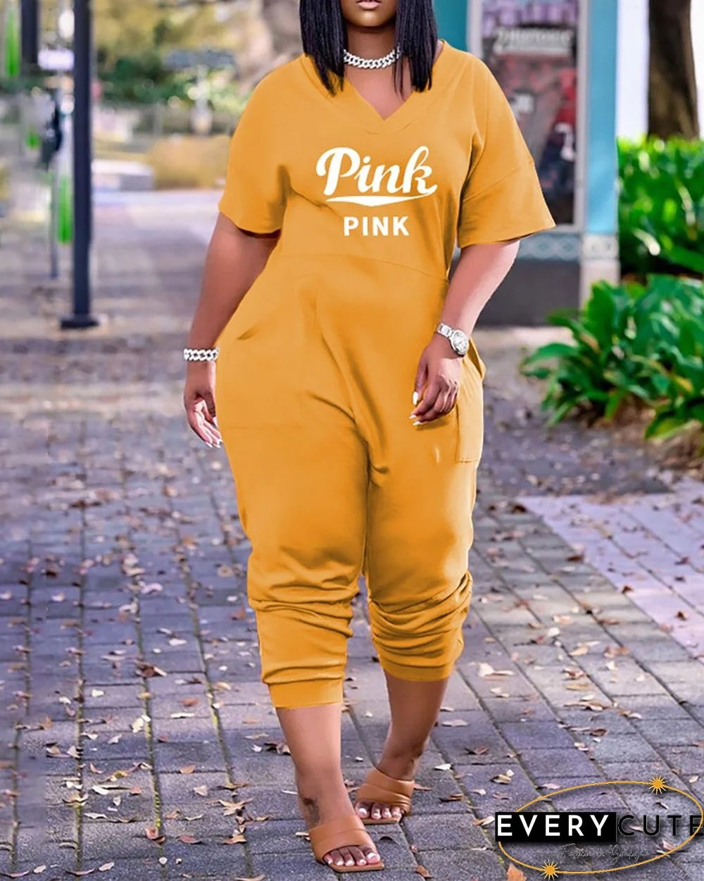 Letter Print V-Neck Short Sleeve Pocket Design Jumpsuit