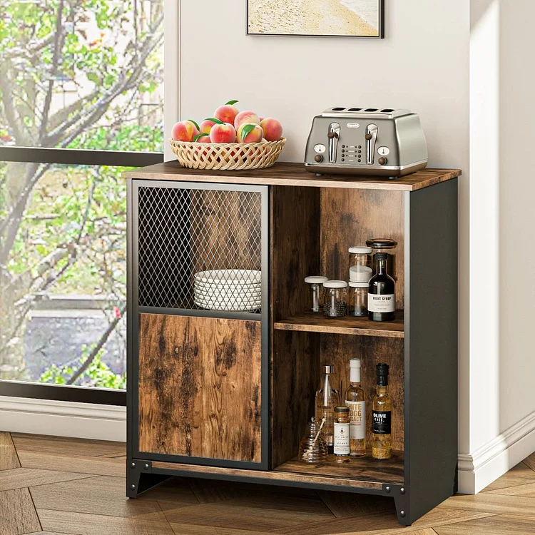 Bestier Coffee Bar Cabinet Industrial Buffet Kitchen Sideboard with Sliding Door Farmhouse Bar Cabinets with Adjustable Shelves for Kitchen Dining Room Living Room Entrance, Rustic Brown