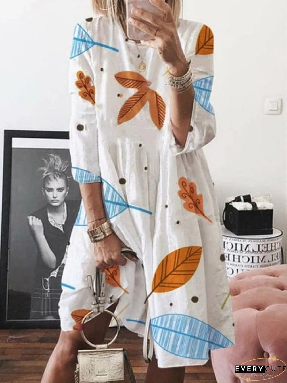 3/4 Sleeve Leaf Print High Waist Midi Dress for Women