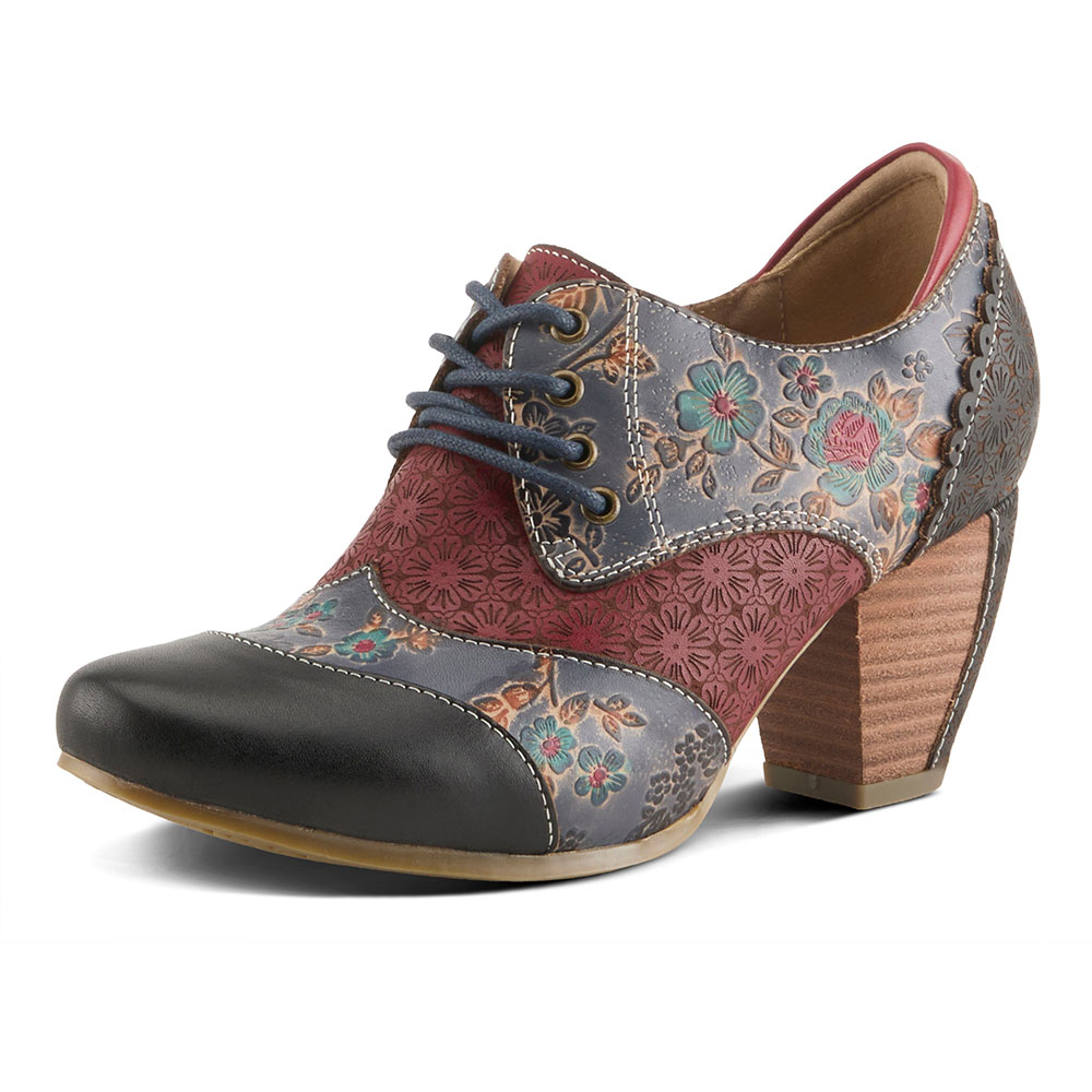 Maroon & Black Floral Print Lace-Up Retro Oxford Heels for Women Nicepairs