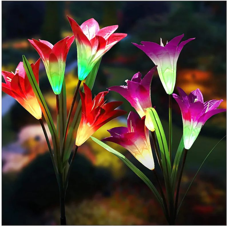 Outdoor Solar Lights, KOOPER 4 Pack Solar Garden Lights with Bigger Lily Flowers, Waterproof 7 Color Changing Outdoor Lights - Bigger Solar Panel for Garden Patio Yard Pathway Decoration