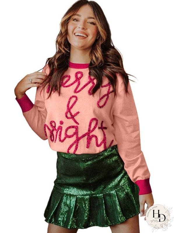 Women'S Casual Christmas Sweater With Letter Print Round Neck Long Sleeve Top
