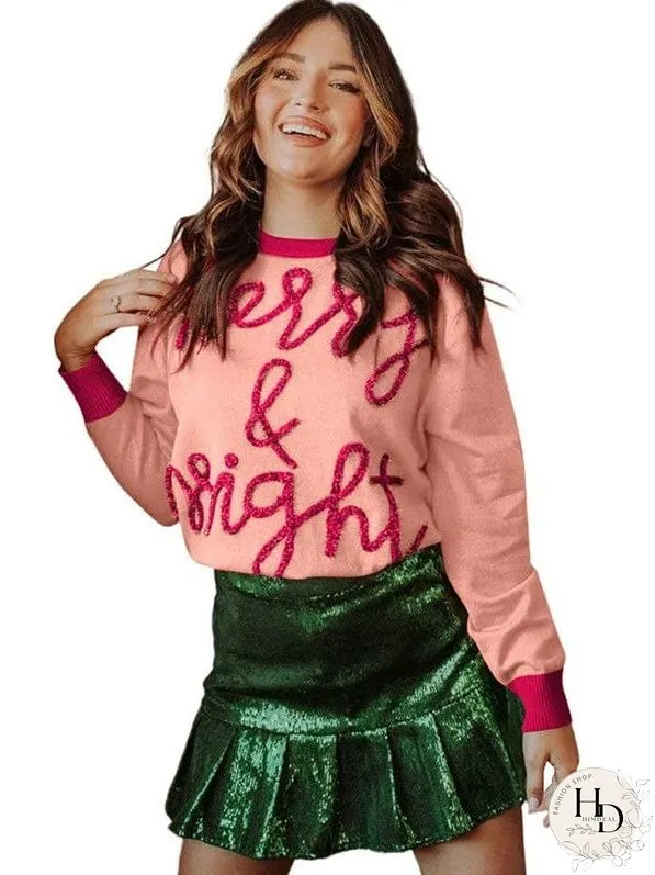 Women'S Casual Christmas Sweater With Letter Print Round Neck Long Sleeve Top