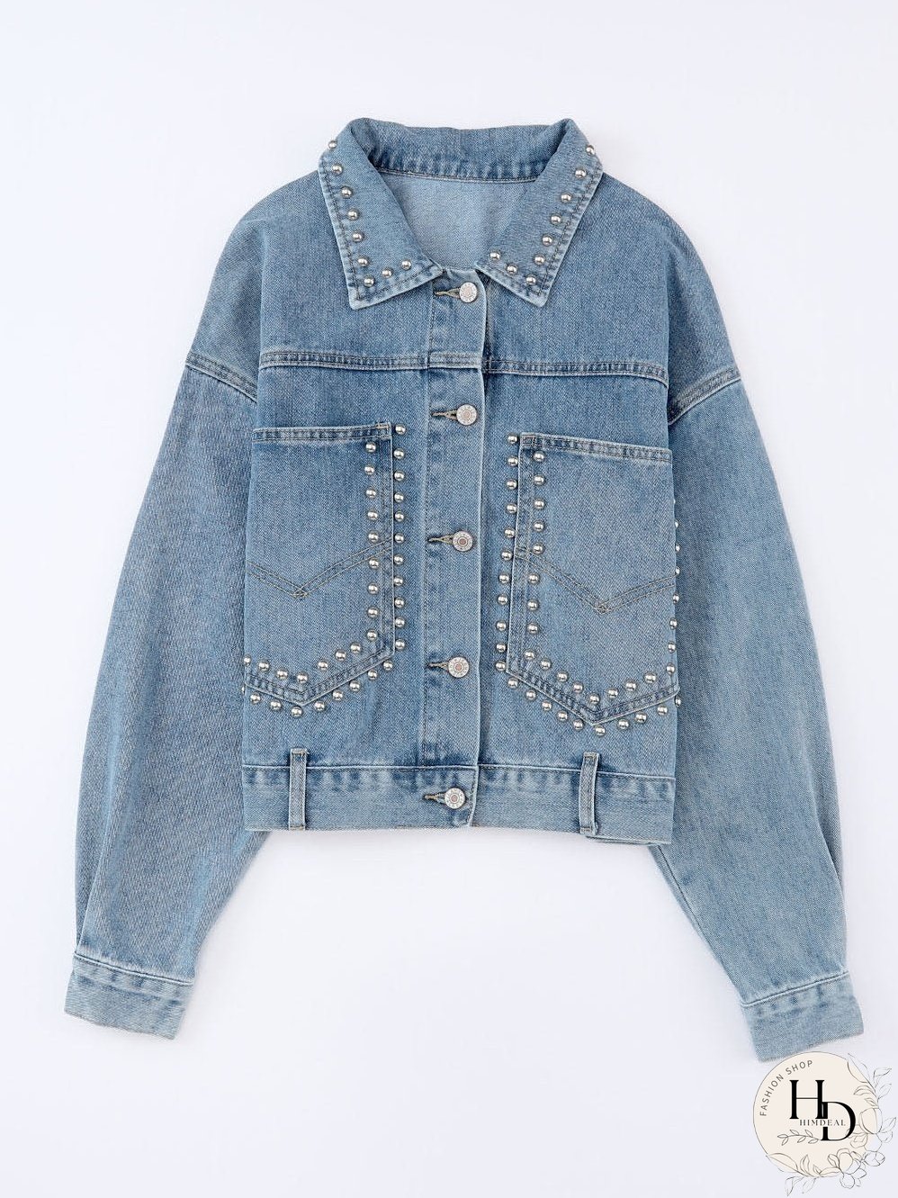 Sky Blue Rhinestone Embellished Denim Shacket
