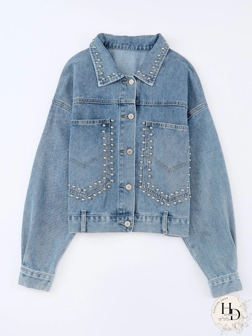 Sky Blue Rhinestone Embellished Denim Shacket