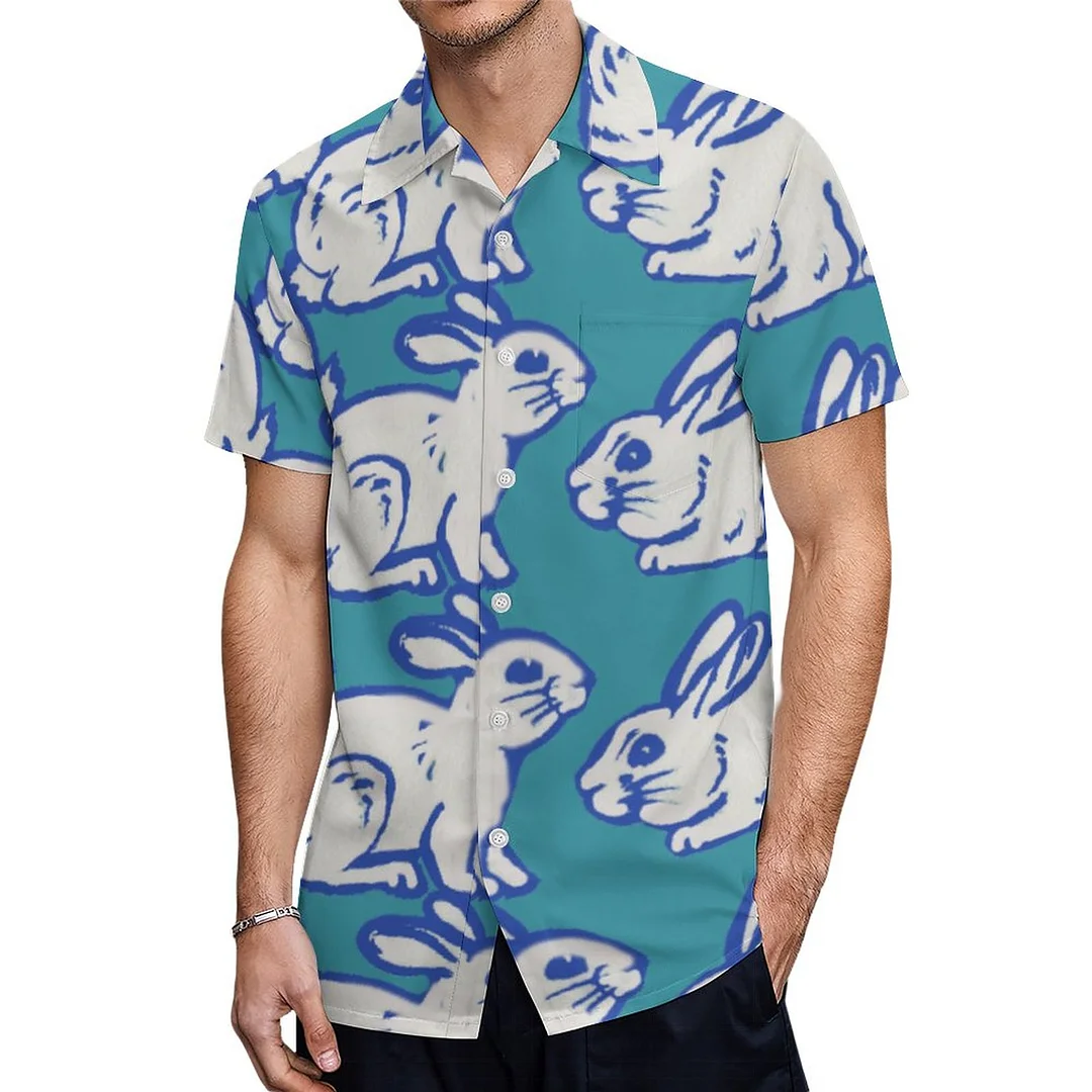 Short Sleeve Blue White Rabbit Drawing Hawaiian Shirt Mens Button Down Plus Size Tropical Hawaii Beach Shirts