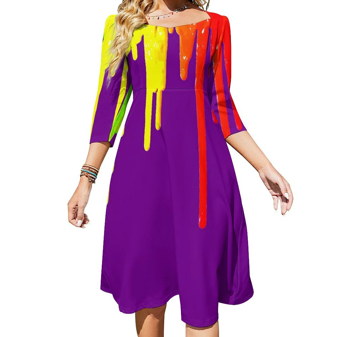 Dripping Paint Palette Purple Rainbow Colors Dress Sweetheart Tie Back Flared 3/4 Sleeve Midi Dresses
