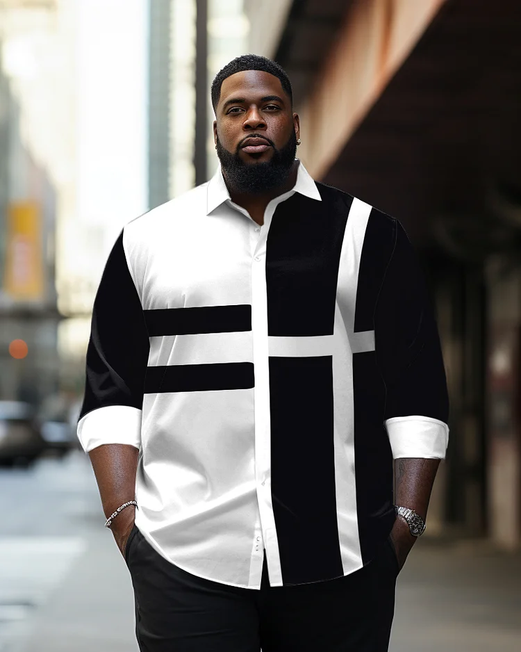 Men's Large Size Colorblock Stripe Long Sleeve Lapel Long Sleeve Shirt