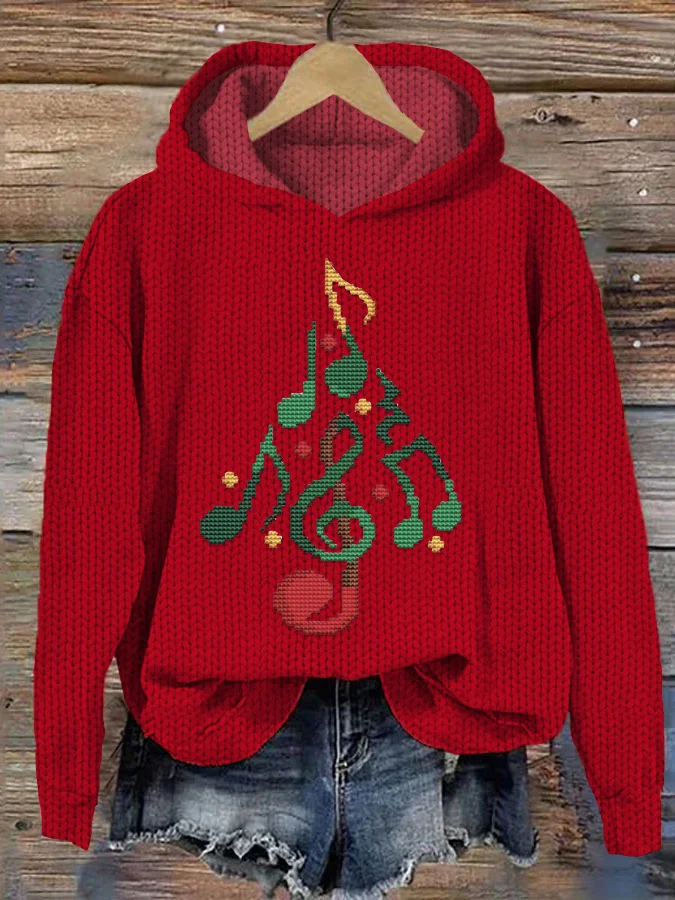 Christmas Tree Music Graphic Embroidery Knit Hoodie
