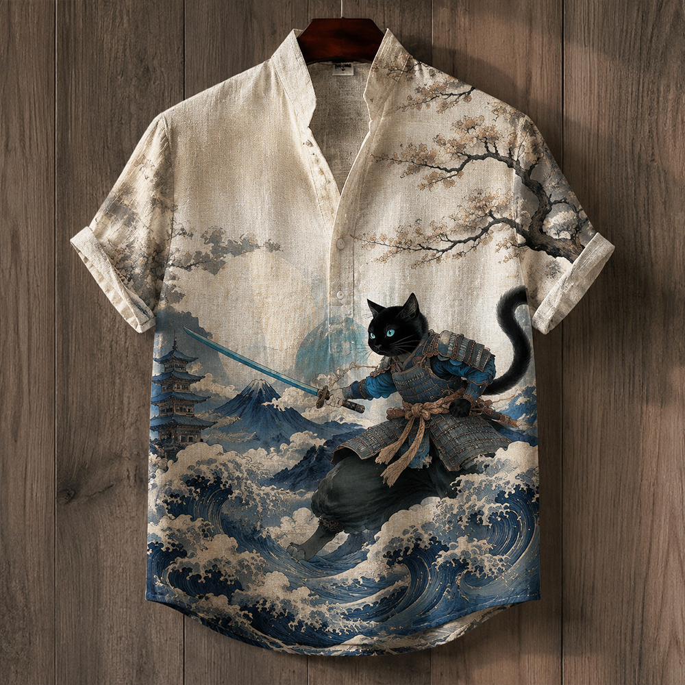 Men's Japanese Vintage Samurai Cat & Great Wave Short-sleeve Shirt artswardrobe