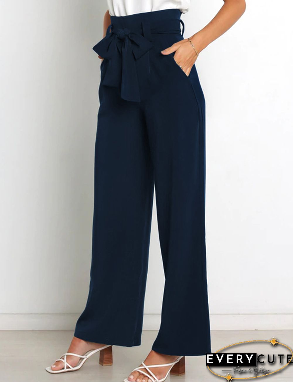 Navy Blue Wide Leg High Waist Pocket Pants with Belt