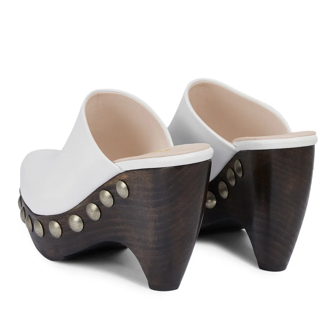 Pointed Toe Platform Chunky High Heel Studded White Mules Shoes