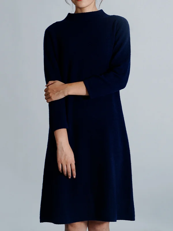 100% Cashmere Three-Quarter Sleeves Pure Color High-Neck Sweater Dress