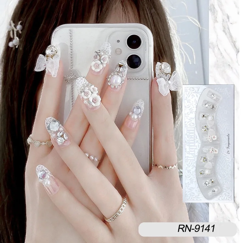 false nails with designs acrylic for nail Imitation Pearl Lace Bowknot press on nails Charming Pre Design fake nails with glue-Nail Inspo