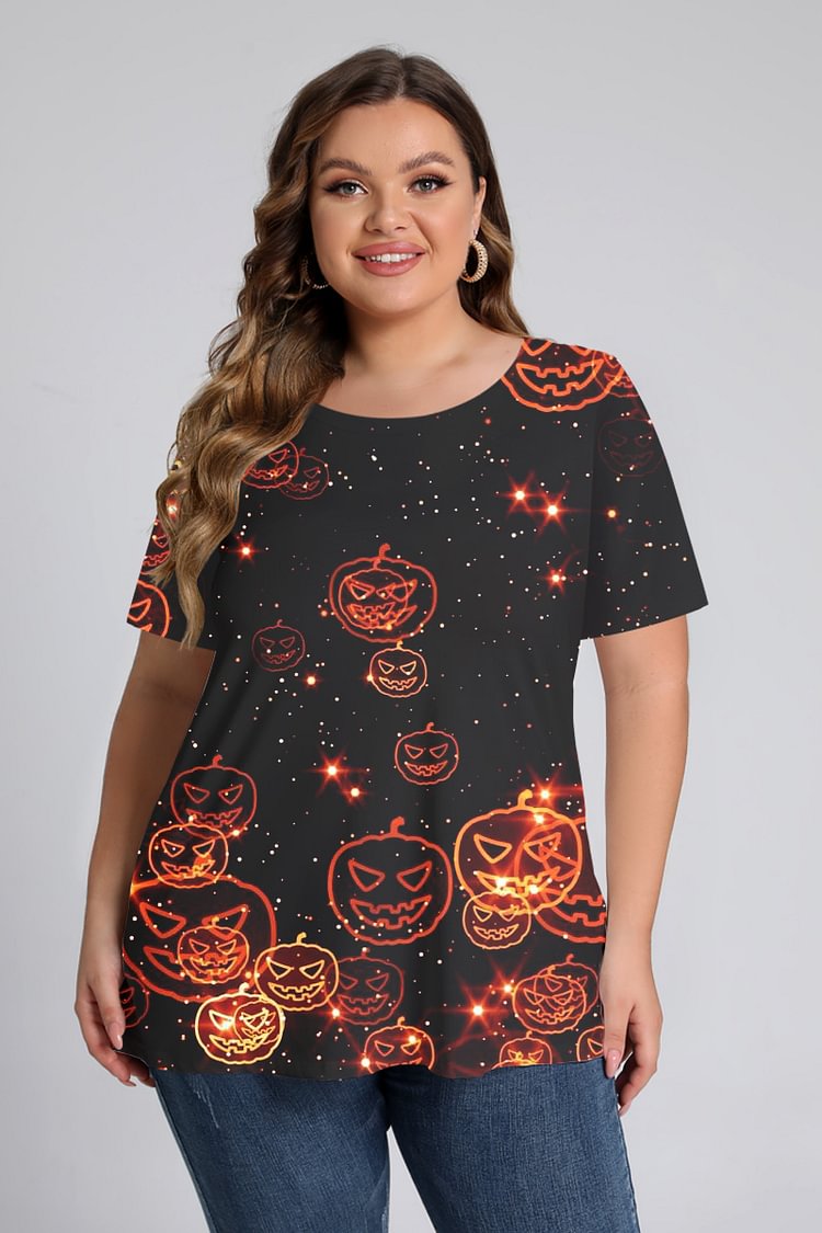 Flycurvy Plus Size Halloween Black Pumpkins Graphic Print T-Shirt  flycurvy [product_label]