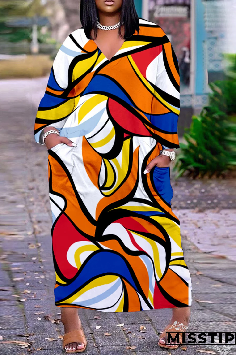 Blue Casual Print Patchwork V Neck Straight Dresses